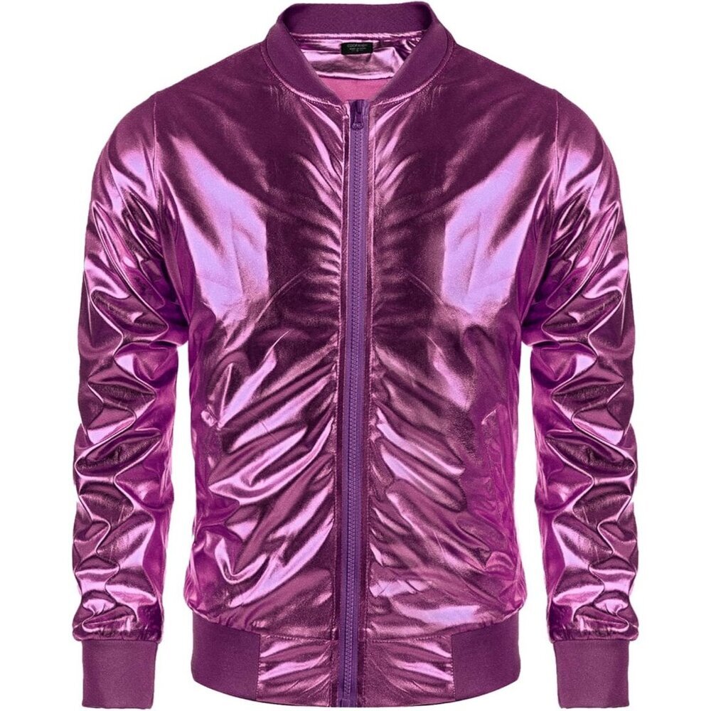 Men's Luxurious Purple Shiny Fabric Varsity Bomber Jacket Metallic Zipper Shirts